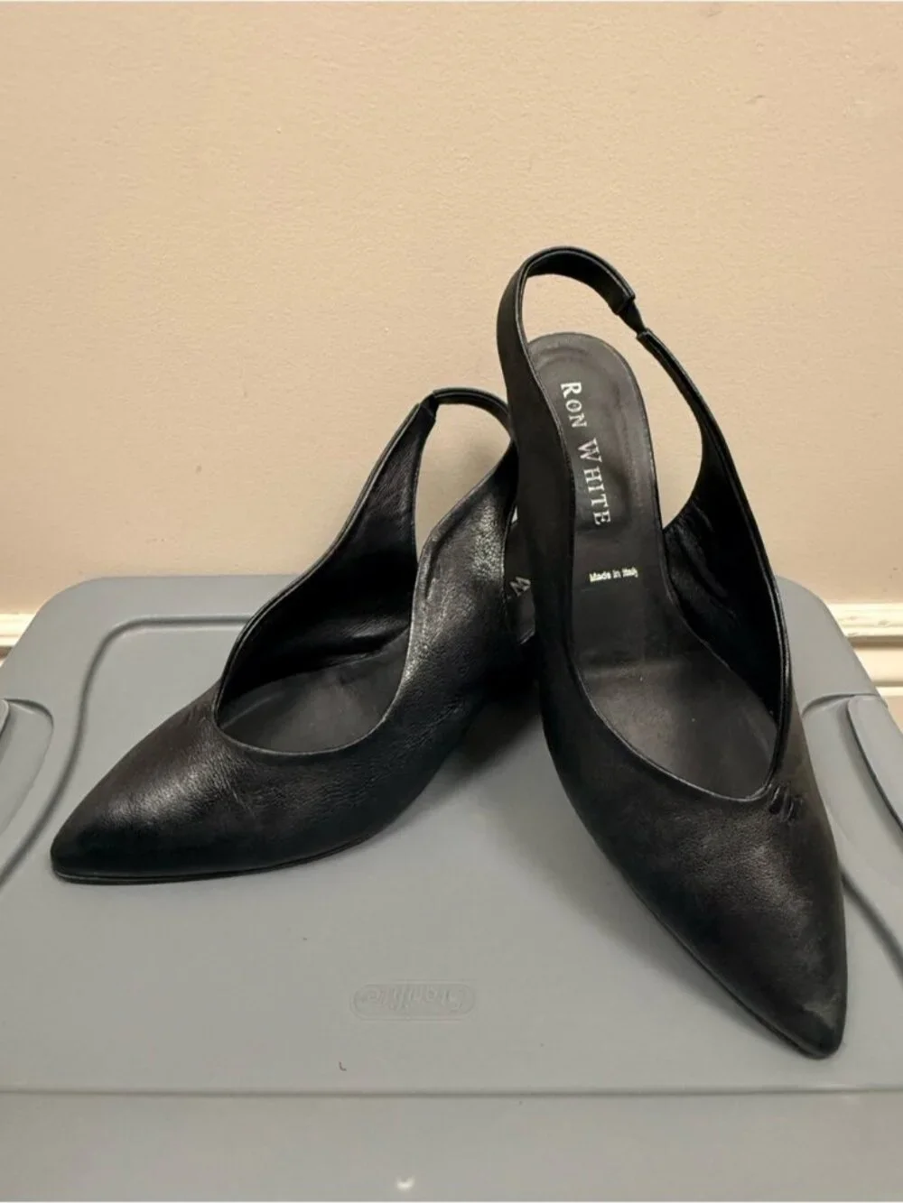 Ron white Black Leather Slingback Pointed Toe Pumps 39